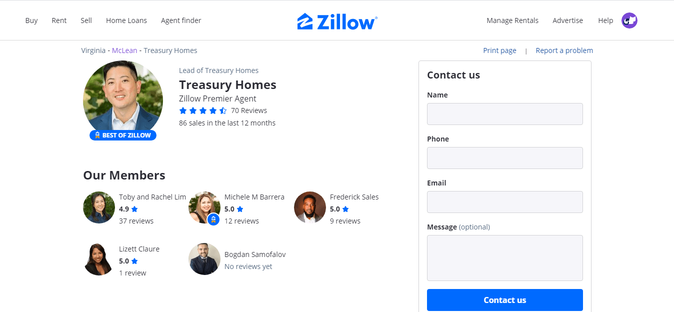 Agent’s profile page on zillow